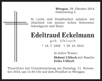 Traueranzeige von Edeltraud Eckelmann von Gmünder Tagespost