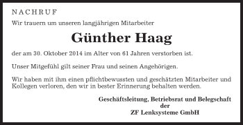 Traueranzeige von Günther Haag von Gmünder Tagespost
