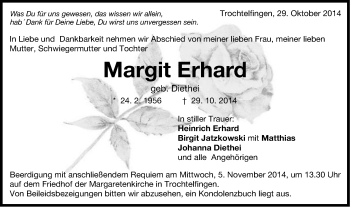 Traueranzeige von Margit Erhard von Schwäbische Post