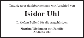 Traueranzeige von Isidor Uhl von Schwäbische Post