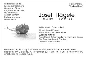 Traueranzeige von Josef Hägele von Gmünder Tagespost