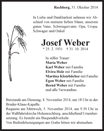 Traueranzeige von Josef Weber von Gmünder Tagespost