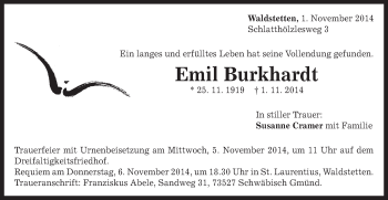 Traueranzeige von Emil Burkhardt von Gmünder Tagespost