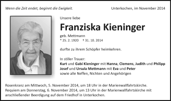 Traueranzeige von Franziska Kieninger von Schwäbische Post