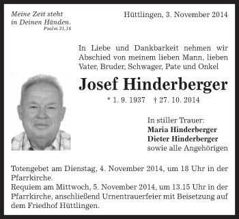 Traueranzeige von Josef Hinderberger von Schwäbische Post