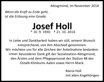 Traueranzeige von Josef Holl von Schwäbische Post