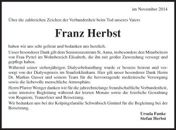 Traueranzeige von Franz Herbst von Gmünder Tagespost