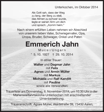 Traueranzeige von Emmerich Jahn von Schwäbische Post