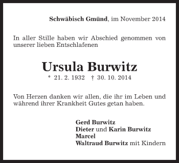 Traueranzeige von Ursula Burwitz von Gmünder Tagespost