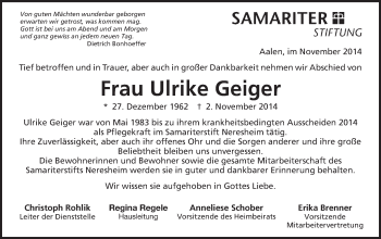 Traueranzeige von Ulrike Geiger von Schwäbische Post