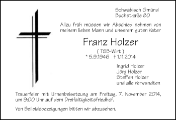 Traueranzeige von Franz Holzer von Gmünder Tagespost