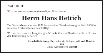 Traueranzeige von Hans Hettich von Gmünder Tagespost