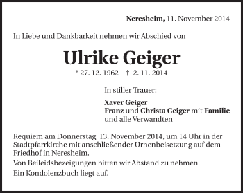 Traueranzeige von Ulrike Geiger von Schwäbische Post