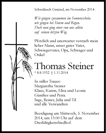 Traueranzeige von Thomas  Steiner von Gmünder Tagespost