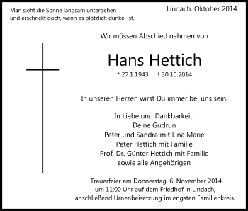Traueranzeige von Hans Hettich von Gmünder Tagespost