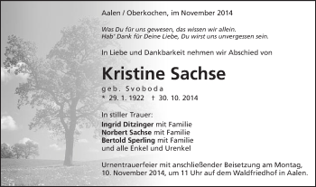 Traueranzeige von Kristine Sachse von Schwäbische Post