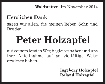 Traueranzeige von Peter Holzapfel von Gmünder Tagespost