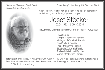 Traueranzeige von Josef Stöcker von Schwäbische Post