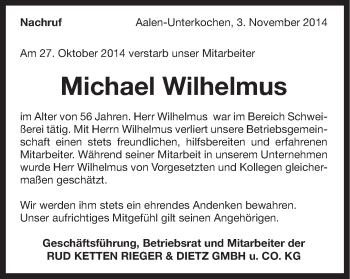 Traueranzeige von Michael Wilhelmus von Schwäbische Post