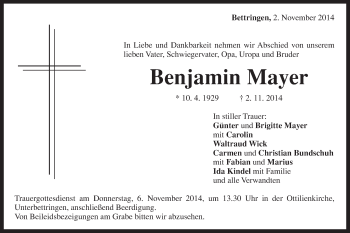 Traueranzeige von Benjamin Mayer von Gmünder Tagespost