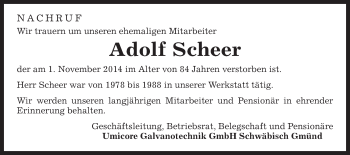 Traueranzeige von Adolf Scheer von Gmünder Tagespost