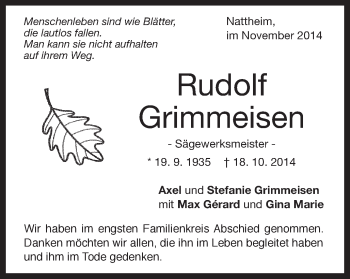 Traueranzeige von Rudolf Grimmeisen von Schwäbische Post