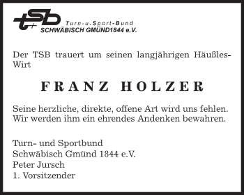 Traueranzeige von Franz Holzer von Gmünder Tagespost