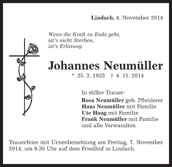 Traueranzeige von Johannes Neumüller von Gmünder Tagespost