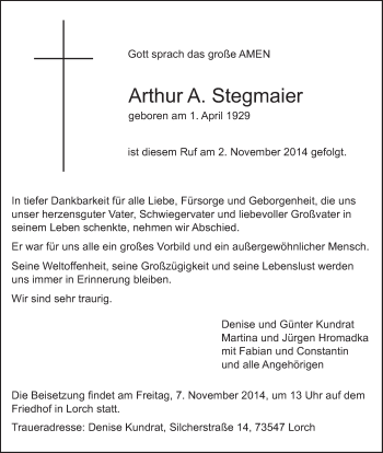 Traueranzeige von Arthur A Stegmaier von Gmünder Tagespost