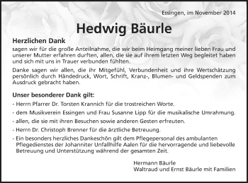 Traueranzeige von Hedwig Bäurle von Schwäbische Post