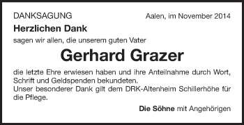 Traueranzeige von Gerhard Grazer von Schwäbische Post