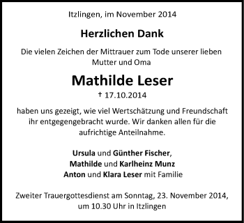 Traueranzeige von Mathilde Leser von Schwäbische Post