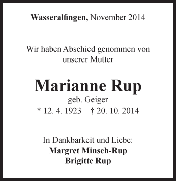 Traueranzeige von Marianne Rup von Schwäbische Post