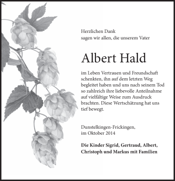 Traueranzeige von Albert Hald von Schwäbische Post