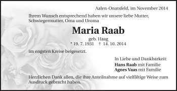 Traueranzeige von Maria Raab von Schwäbische Post