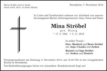 Traueranzeige von Mina Ströbel von Schwäbische Post