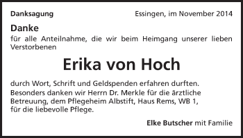 Traueranzeige von Erika von Hoch von Schwäbische Post