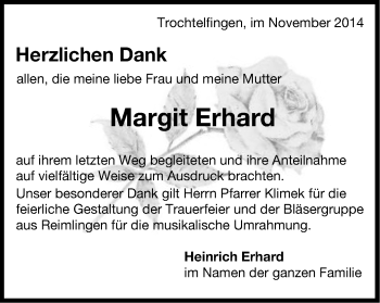 Traueranzeige von Margit Erhard von Schwäbische Post