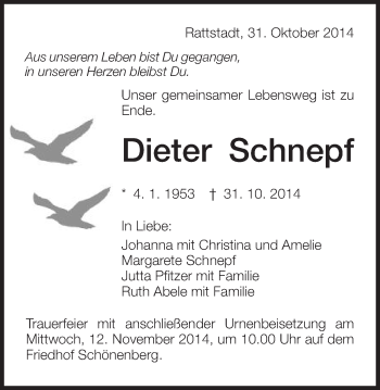 Traueranzeige von Dieter Schnepf von Schwäbische Post