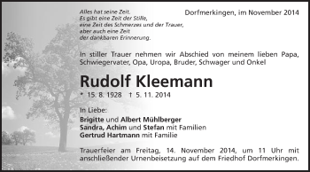 Traueranzeige von Rudolf Kleemann von Schwäbische Post