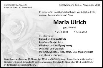 Traueranzeige von Maria Ulrich von Schwäbische Post