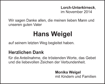 Traueranzeige von Hans Weigel von Gmünder Tagespost