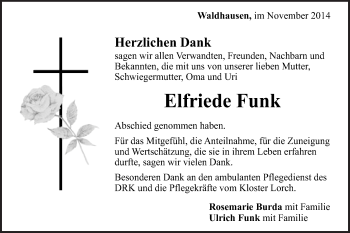Traueranzeige von Elfriede Funk von Gmünder Tagespost