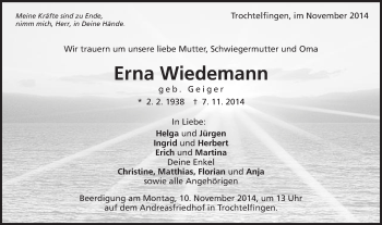 Traueranzeige von Erna Wiedemann von Schwäbische Post