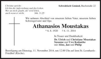 Traueranzeige von Athanasios Moustakas von Gmünder Tagespost