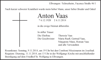 Traueranzeige von Anton Vaas von Schwäbische Post