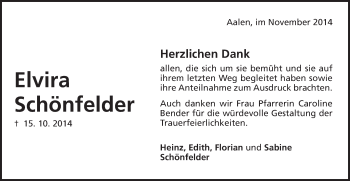 Traueranzeige von Elvira Schönfelder von Schwäbische Post