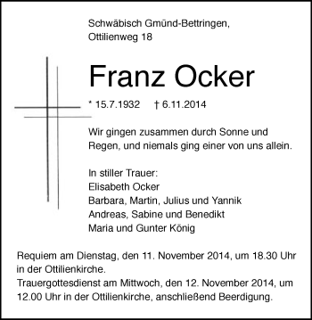 Traueranzeige von Franz Ocker von Gmünder Tagespost