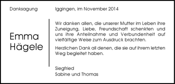 Traueranzeige von Emma Hägele von Gmünder Tagespost