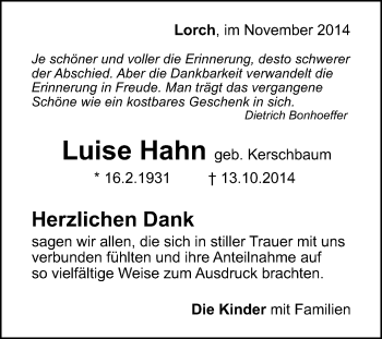 Traueranzeige von Luise Hahn von Gmünder Tagespost